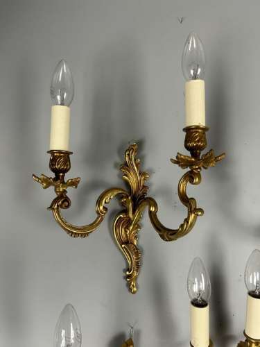 Set Of 4 French Gilded Twin Arm Antique Wall Lights, Rewired