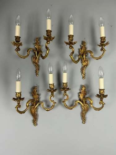 Set Of 4 French Gilded Twin Arm Antique Wall Lights, Rewired