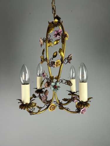 French 4 Light Antique Chandelier With Porcelain Flowers