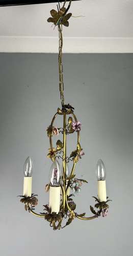 French 4 Light Antique Chandelier With Porcelain Flowers