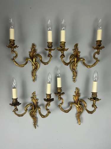 Set Of 4 French Gilded Twin Arm Antique Wall Lights, Rewired