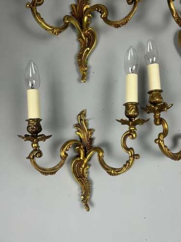 Set Of 4 French Gilded Twin Arm Antique Wall Lights, Rewired