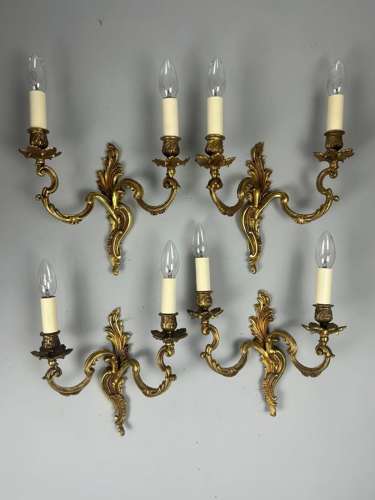 Set Of 4 French Gilded Twin Arm Antique Wall Lights, Rewired