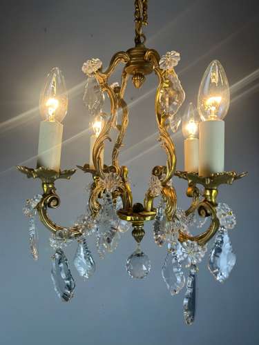 Small French Gilt Brass 4 Light Birdcage Chandelier