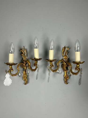 Pair of French Gilded Twin Arm Antique Wall Lights With Crystals