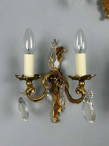Set Of 3 French Gilded Twin Arm Antique Wall Lights With Crystals