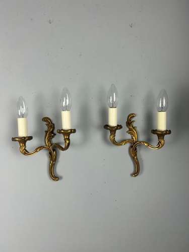 Small Pair of French Gilt Brass Antique Wall Lights, Rewired