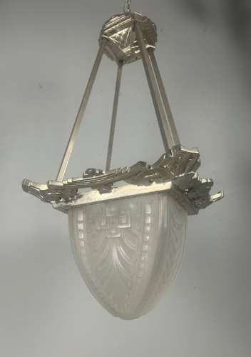 Art Deco Chrome & Frosted Glass Ceiling Light, Chandelier