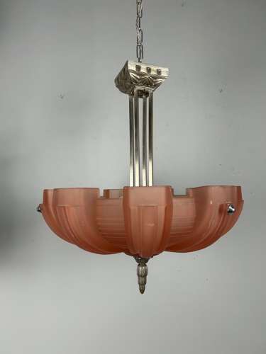 Art Deco Chrome & Glass Chandelier, Ceiling Light
