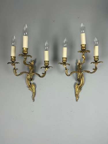Pair Of French Triple Arm Gilt Brass Antique Wall Lights