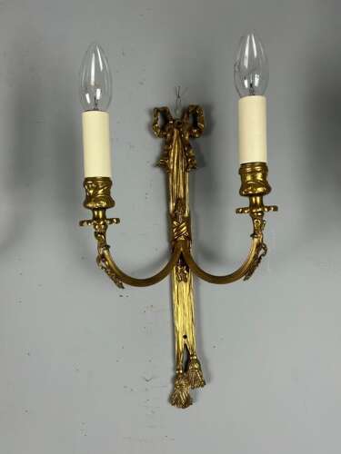 Pair Of French Ribbon Brass Wall Lights, Rewired