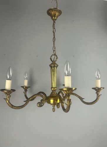 Large French Gilded Brass 5 Arm Antique Chandelier, Rewired