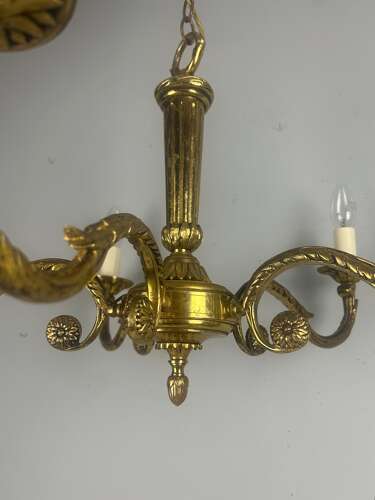 Large French Gilded Brass 5 Arm Antique Chandelier, Rewired