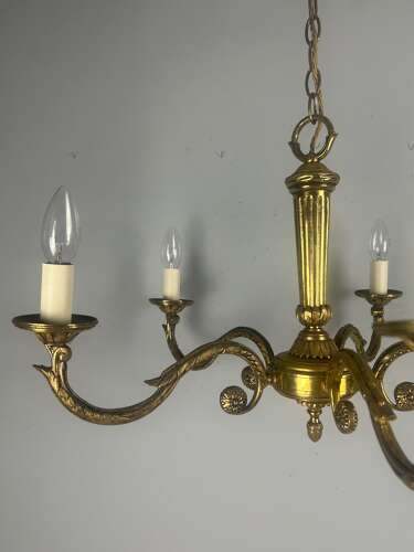 Large French Gilded Brass 5 Arm Antique Chandelier, Rewired