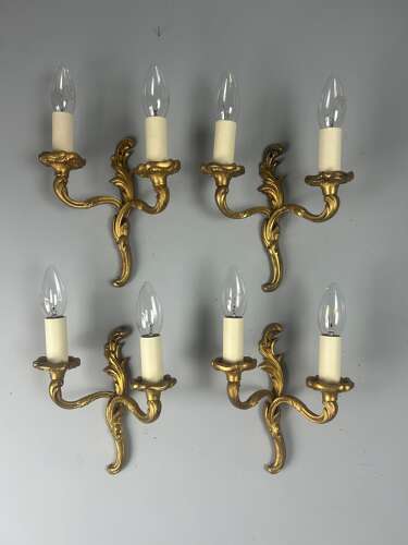 Set Of 4 Small French Gilt Brass Antique Wall Lights, Rewired