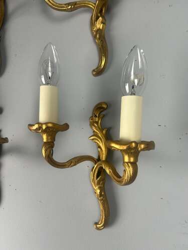 Set Of 4 Small French Gilt Brass Antique Wall Lights, Rewired
