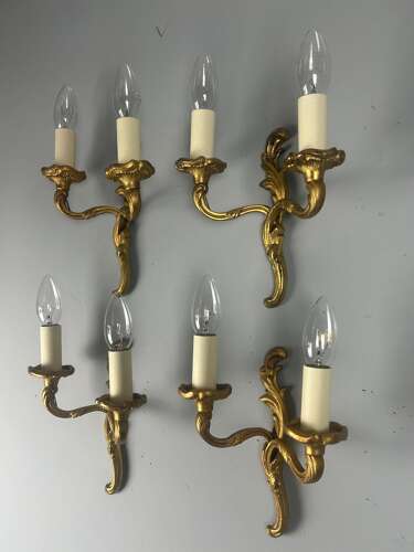 Set Of 4 Small French Gilt Brass Antique Wall Lights, Rewired