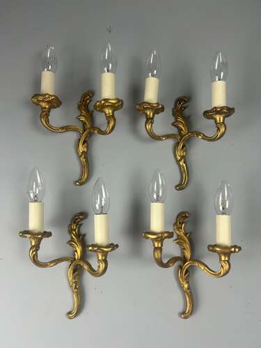 Set Of 4 Small French Gilt Brass Antique Wall Lights, Rewired