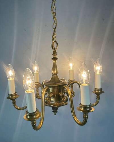English Aged Brass 6 Arm Chandelier, Rewired
