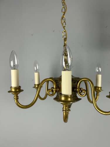English Aged Brass 6 Arm Chandelier, Rewired