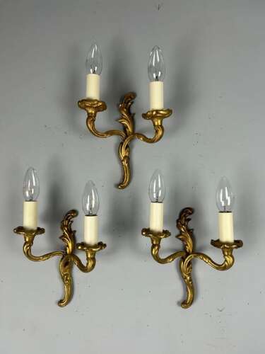 Set of 3 Small French Gilt Brass Antique Wall Lights, Rewired