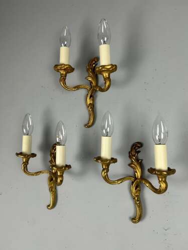 Set of 3 Small French Gilt Brass Antique Wall Lights, Rewired