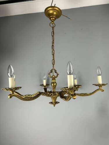 Large 6 Arm French Gilt Brass Chandelier, Rewired