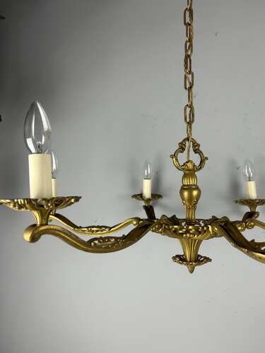 Large 6 Arm French Gilt Brass Chandelier, Rewired