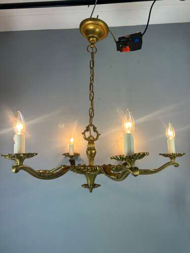 Large 6 Arm French Gilt Brass Chandelier, Rewired