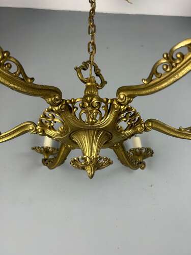 Large 6 Arm French Gilt Brass Chandelier, Rewired