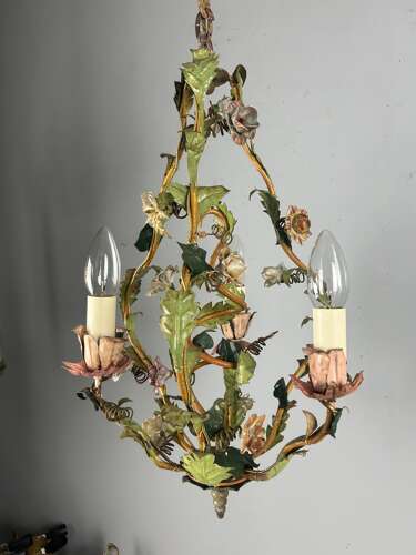 French Toleware Floral 3 Light Antique Chandelier, Ceiling Light