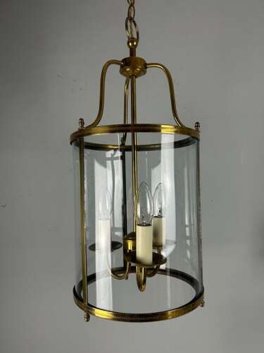 Large French Triple Light Brass Lantern, Rewired