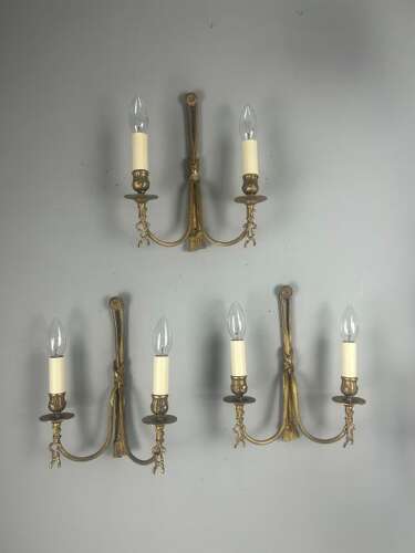 Set of 3 French Ribbon Gilt Brass Wall Lights, Rewired