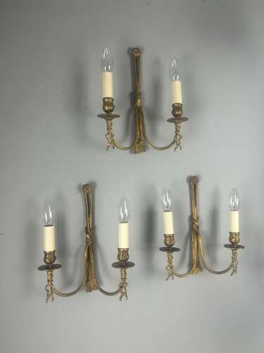 Set of 3 French Ribbon Gilt Brass Wall Lights, Rewired