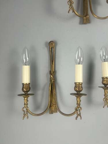Set of 3 French Ribbon Gilt Brass Wall Lights, Rewired