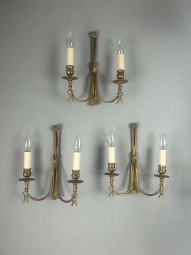 Set of 3 French Ribbon Gilt Brass Wall Lights, Rewired