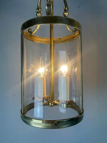 Pair Of French Polished Brass Twin Light Convex Lanterns, Rewired