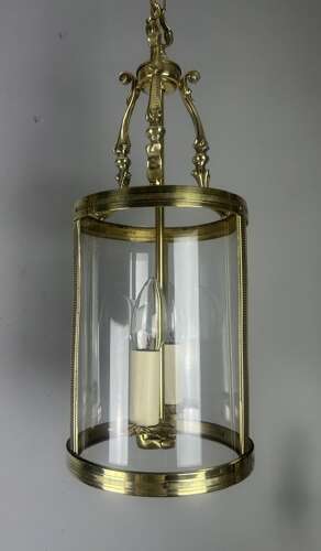 Pair Of French Polished Brass Twin Light Convex Lanterns, Rewired