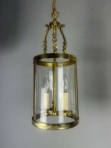 Pair Of French Polished Brass Twin Light Convex Lanterns, Rewired