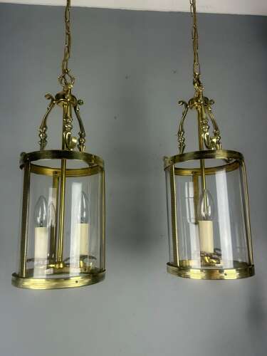 Pair Of French Polished Brass Twin Light Convex Lanterns, Rewired