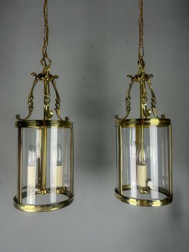 Pair Of French Polished Brass Twin Light Convex Lanterns, Rewired