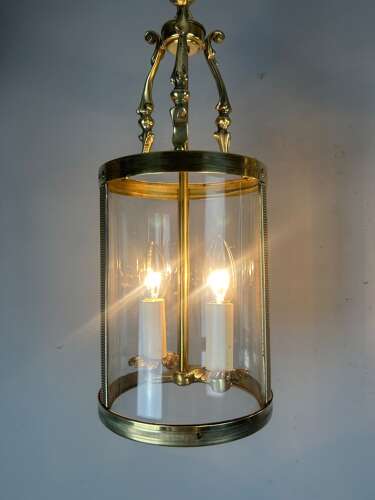 Pair Of French Polished Brass Twin Light Convex Lanterns, Rewired