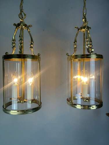 Pair Of French Polished Brass Twin Light Convex Lanterns, Rewired