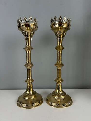 Pair of French Polished Brass Church Pricket Candlesticks, c1900