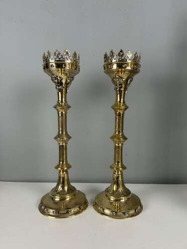 Pair of French Polished Brass Church Pricket Candlesticks, c1900
