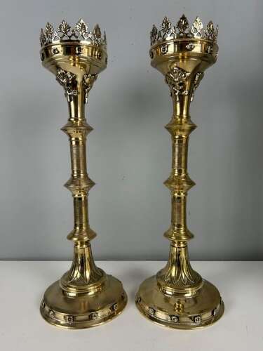 Pair of French Polished Brass Church Pricket Candlesticks, c1900
