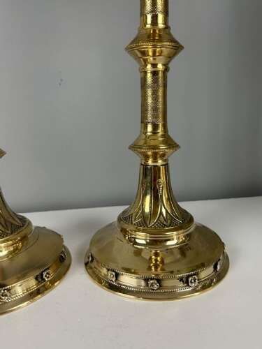 Pair of French Polished Brass Church Pricket Candlesticks, c1900