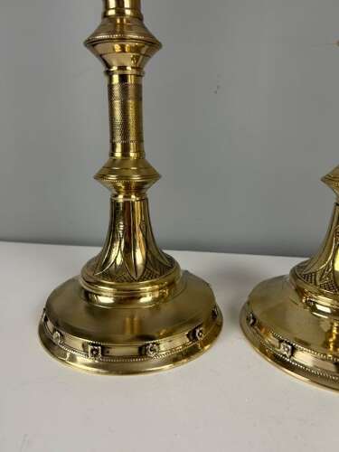 Pair of French Polished Brass Church Pricket Candlesticks, c1900