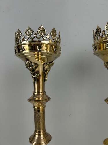 Pair of French Polished Brass Church Pricket Candlesticks, c1900