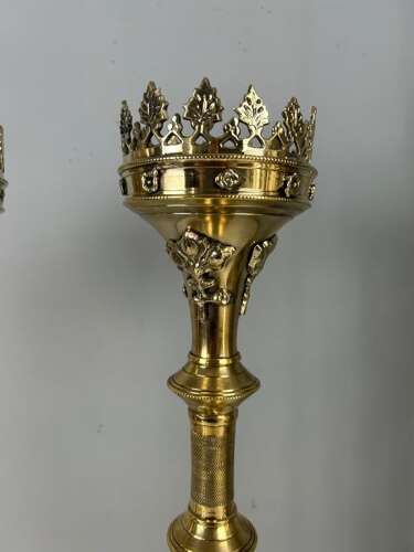 Pair of French Polished Brass Church Pricket Candlesticks, c1900